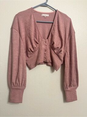 Cropped Button-Front Knit Top in Dusty Rose